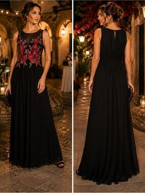 Sleeveless Black Maxi Dress with Red Floral Appliqué by